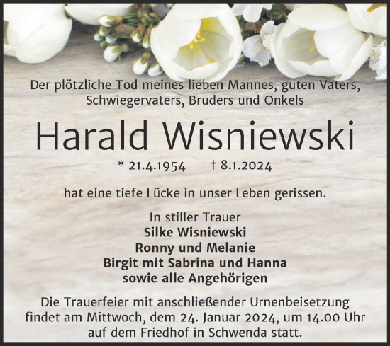 Traueranzeige von Harald Wisniewski von Trauerkombi Sangerhausen