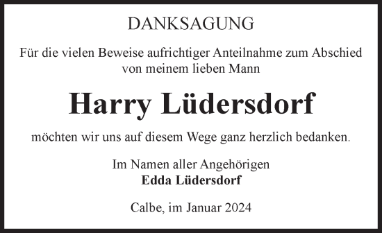 Traueranzeige von Harry Lüdersdorf von Volksstimme Schönebeck