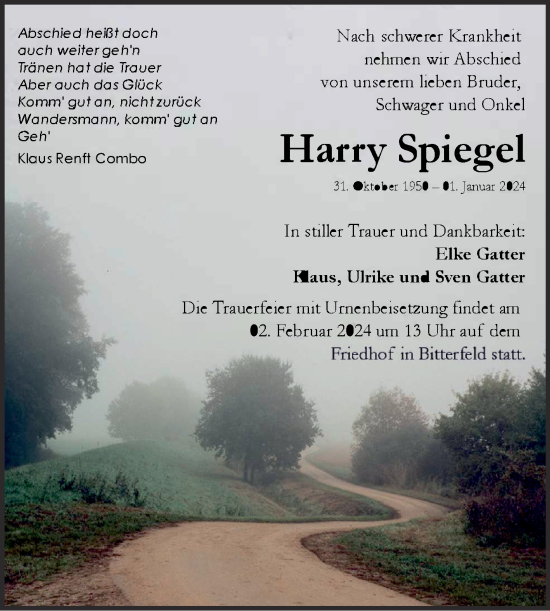 Traueranzeige von Harry Spiegel von Trauerkombi Bitterfeld