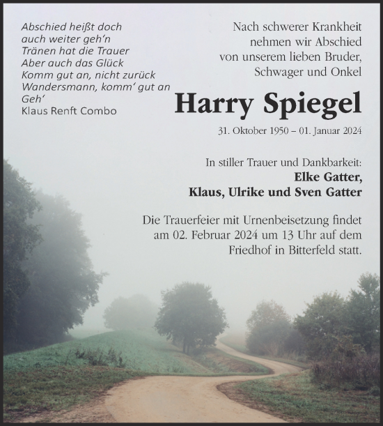 Traueranzeige von Harry Spiegel von Trauerkombi Bitterfeld