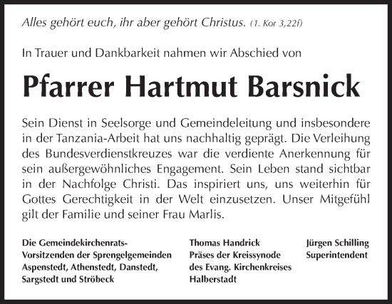 Traueranzeige von Hartmut Barsnick von Volksstimme Halberstadt