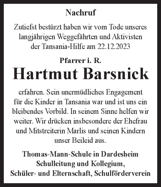 Traueranzeige von Hartmut Barsnick von Volksstimme Halberstadt