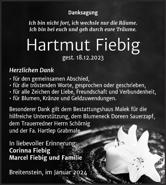 Traueranzeige von Hartmut Fiebig von Wochenspiegel Sangerhausen