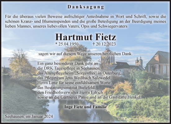 Traueranzeige von Hartmut Fietz von Volksstimme Altmark Ost
