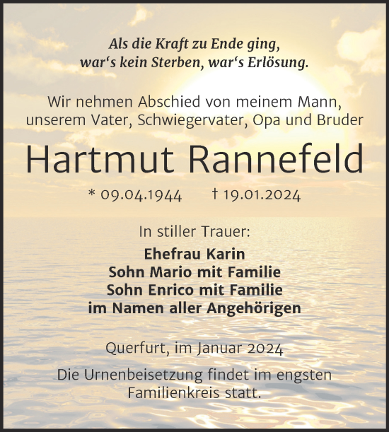 Traueranzeige von Hartmut Rannefeld von Trauerkombi Merseburg