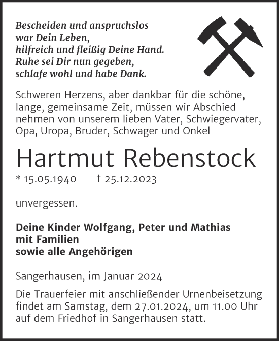 Traueranzeige von Hartmut Rebenstock von Trauerkombi Sangerhausen