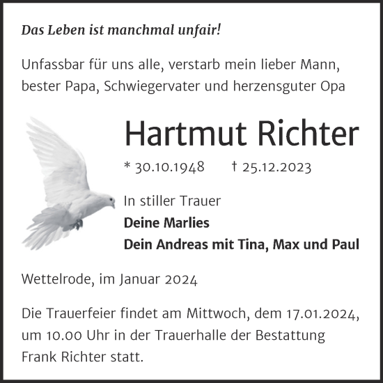 Traueranzeige von Hartmut Richter von Mitteldeutsche Zeitung Sangerhausen