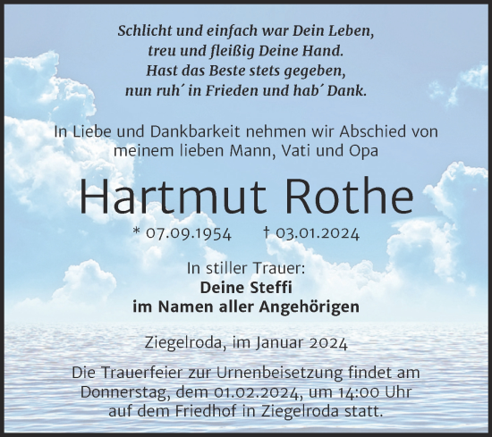 Traueranzeige von Hartmut Rothe von Trauerkombi Merseburg