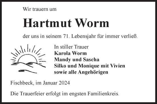 Traueranzeige von Hartmut Worm von Volksstimme Altmark Ost