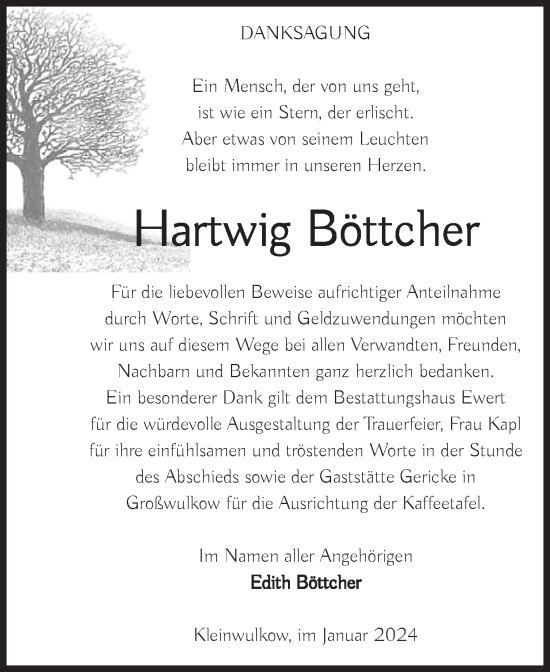 Traueranzeige von Hartwig Böttcher von Volksstimme Burg/Genthin
