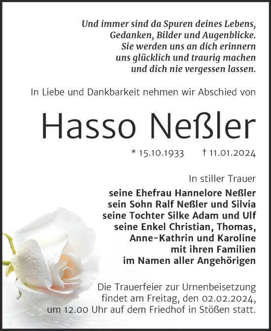 Traueranzeige von Hasso Neßler von Naumburger Tageblatt