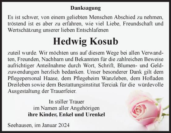 Traueranzeige von Hedwig Kosub von Volksstimme Oschersleben/Wanzleben