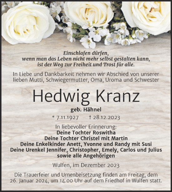 Traueranzeige von Hedwig Kranz von Trauerkombi Köthen