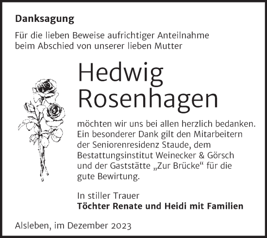 Traueranzeige von Hedwig Rosenhagen von Trauerkombi Bernburg