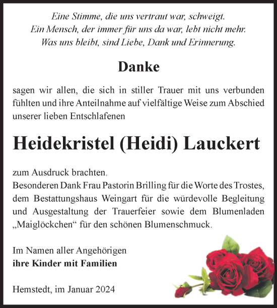 Traueranzeige von Heidekristel Lauckert von Volksstimme Altmark West