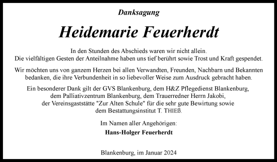 Traueranzeige von Heidemarie Feuerherdt von Volksstimme Wernigerode