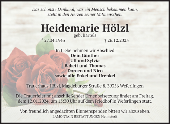 Traueranzeige von Heidemarie Hölzl von Volksstimme Haldensleben/Wolmirstedt