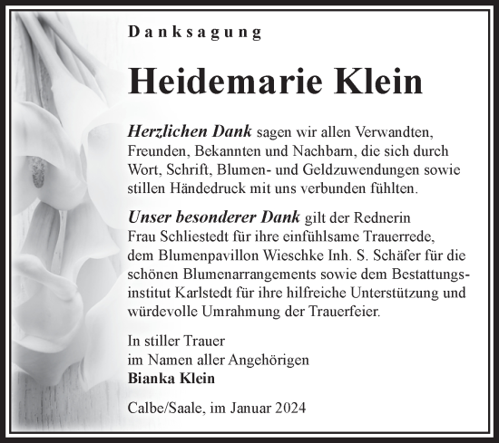 Traueranzeige von Heidemarie Klein von Volksstimme Schönebeck