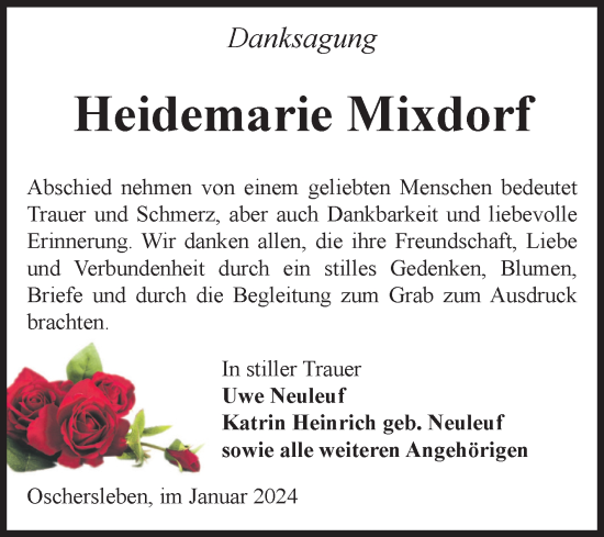 Traueranzeige von Heidemarie Mixdorf von Volksstimme Oschersleben/Wanzleben