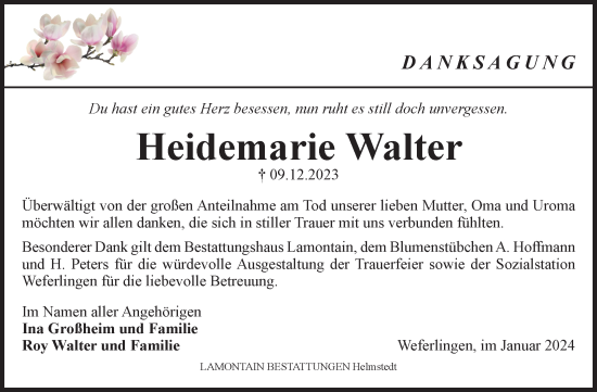 Traueranzeige von Heidemarie Walter von Volksstimme Haldensleben/Wolmirstedt