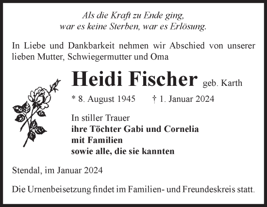 Traueranzeige von Heidi Fischer von Volksstimme Altmark Ost