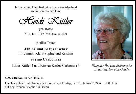 Traueranzeige von Heidi Kittler von Trauerkombi Weißenfels
