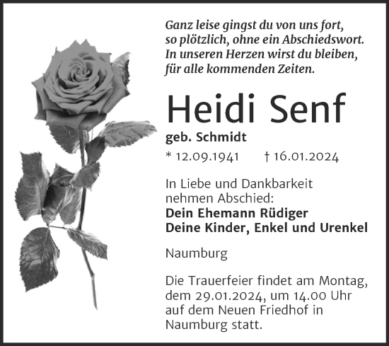 Traueranzeige von Heidi Senf von Wochenspiegel Naumburg/Nebra