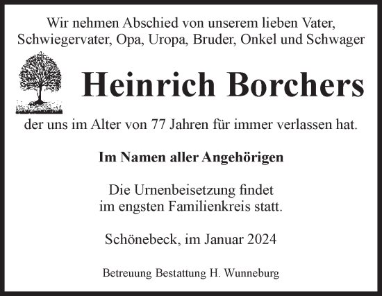 Traueranzeige von Heinrich Borchers von Volksstimme Schönebeck