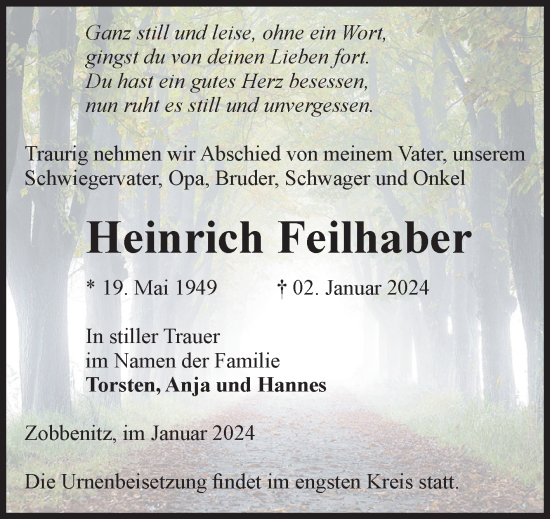 Traueranzeige von Heinrich Feilhaber von Volksstimme Haldensleben/Wolmirstedt