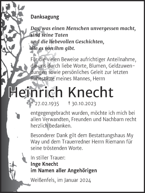 Traueranzeige von Heinrich Knecht von Trauerkombi Weißenfels