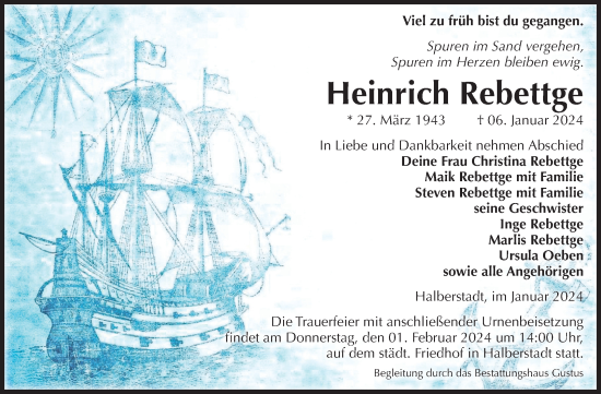 Traueranzeige von Heinrich Rebettge von Volksstimme Halberstadt