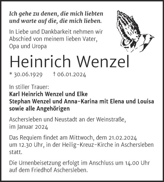 Traueranzeige von Heinrich Wenzel von Trauerkombi Aschersleben
