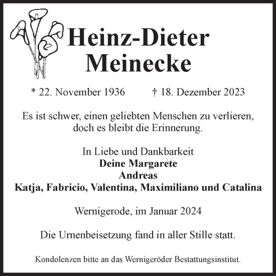 Traueranzeige von Heinz-Dieter Meinecke von Volksstimme Wernigerode
