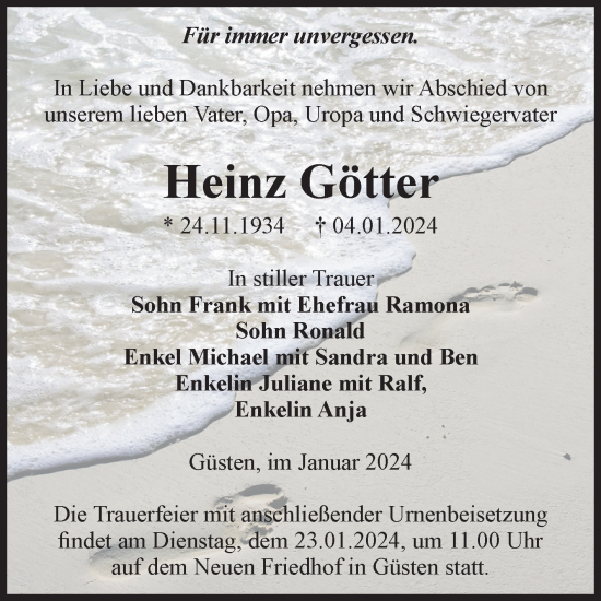 Traueranzeige von Heinz Götter von Volksstimme Staßfurt