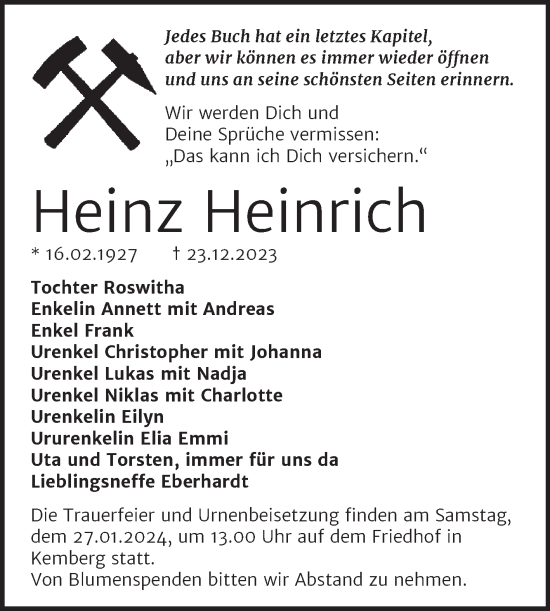 Traueranzeige von Heinz Heinrich von Trauerkombi Wittenberg