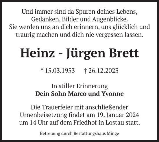 Traueranzeige von Heinz-Jürgen Brett von Volksstimme Burg/Genthin