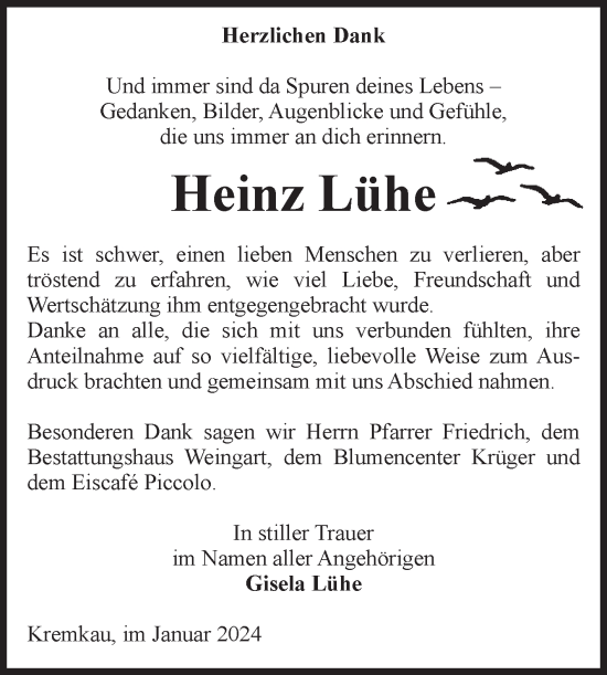 Traueranzeige von Heinz Lühe von Volksstimme Altmark Ost
