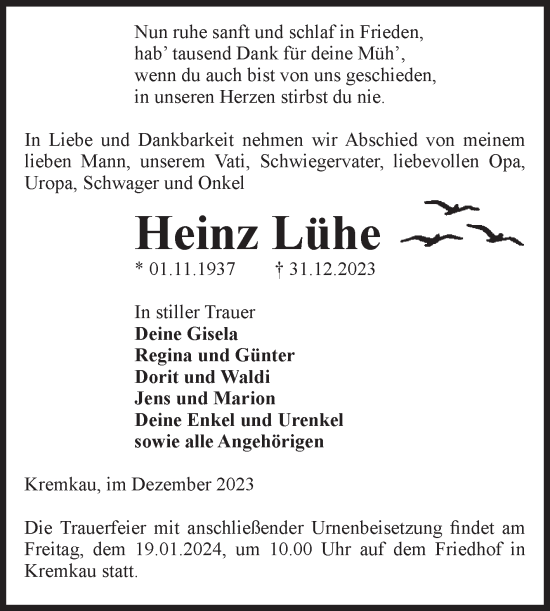 Traueranzeige von Heinz Lühe von Volksstimme Altmark Ost