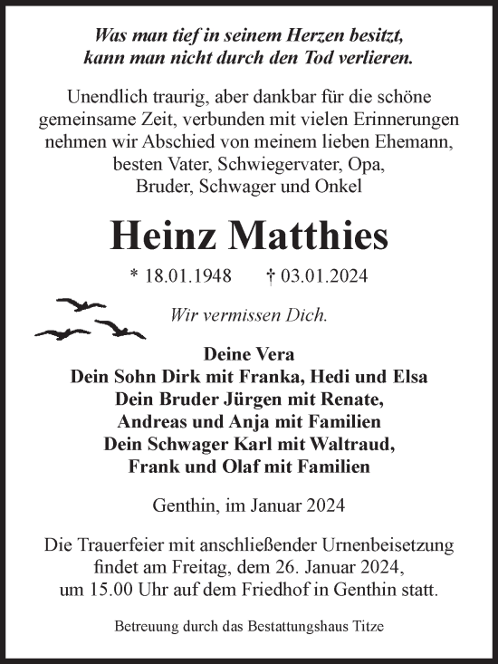 Traueranzeige von Heinz Matthies von Volksstimme Burg/Genthin