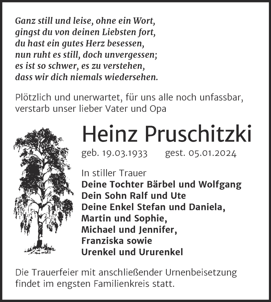  Traueranzeige für Heinz Pruschitzki vom 20.01.2024 aus Super Sonntag Wittenberg