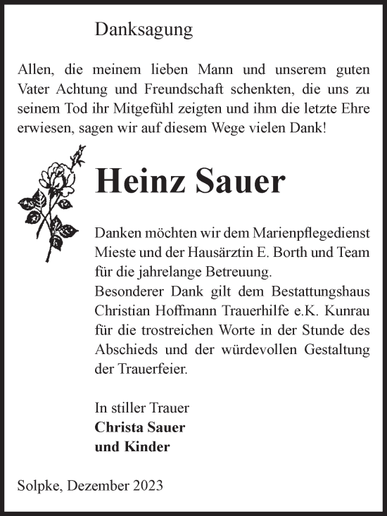 Traueranzeige von Heinz Sauer von Volksstimme Altmark West