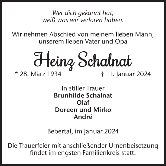 Traueranzeige von Heinz Schalnat von Volksstimme Haldensleben/Wolmirstedt