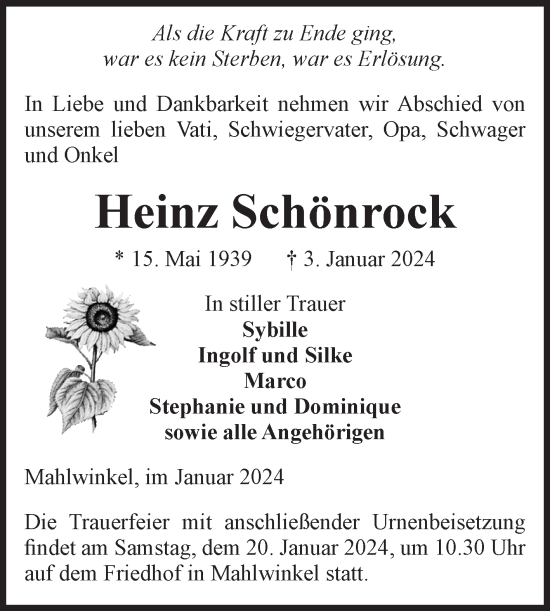 Traueranzeige von Heinz Schönrock von Volksstimme Altmark Ost