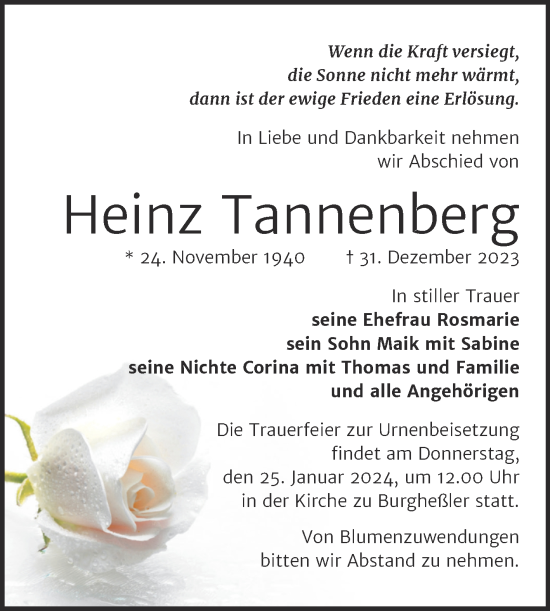 Traueranzeige von Heinz Tannenberg von Naumburger Tageblatt