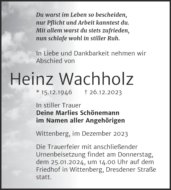 Traueranzeige von Heinz Wachholz von Trauerkombi Wittenberg