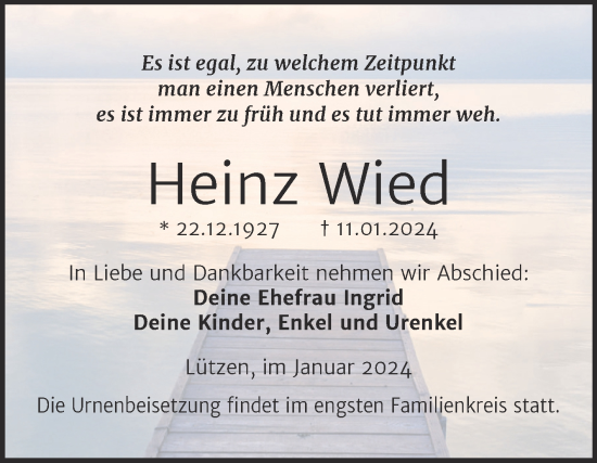 Traueranzeige von Heinz Wied von Trauerkombi Weißenfels