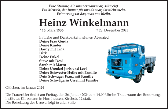 Traueranzeige von Heinz Winkelmann von Volksstimme Oschersleben/Wanzleben
