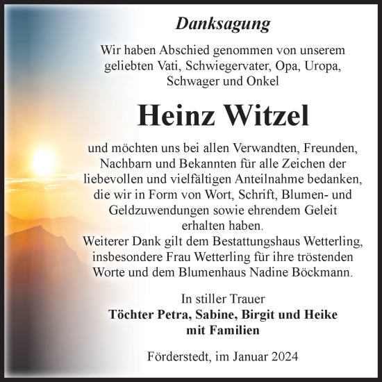 Traueranzeige von Heinz Witzel von Volksstimme Staßfurt