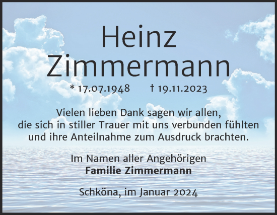 Traueranzeige von Heinz Zimmermann von Trauerkombi Wittenberg