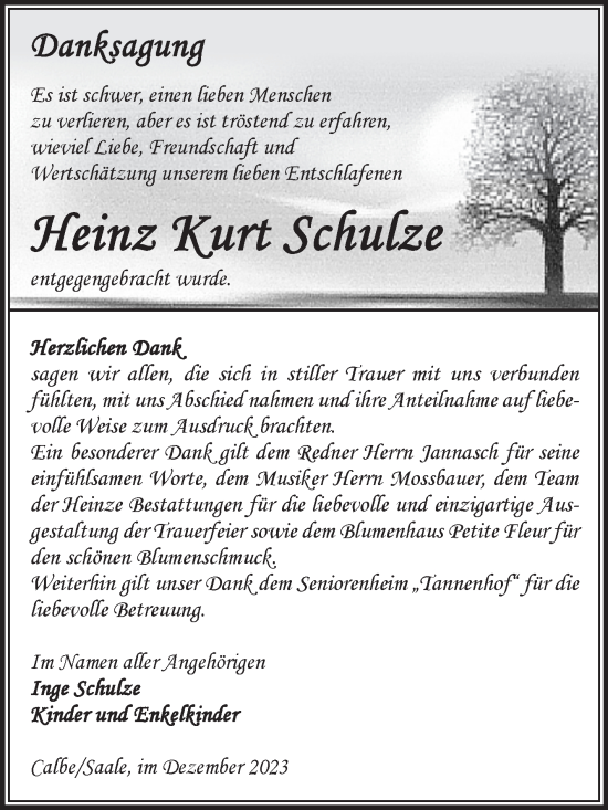 Traueranzeige von Heinz Kurt Schulze von Volksstimme Schönebeck